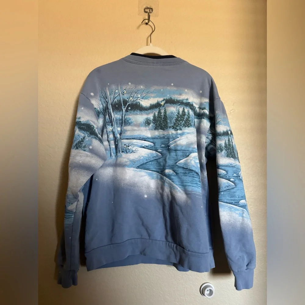 Vintage 90s Winter Wonderland Nature Snow Scene Sweater Sz M Blue All Over Print